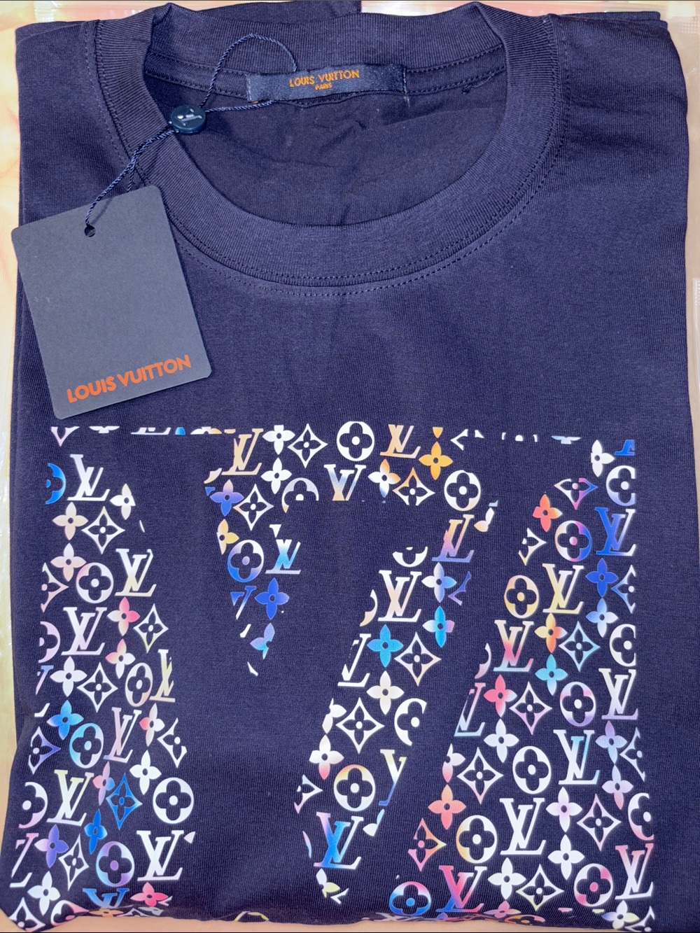 Navy Blue Cotton Short-Sleeve Tee with Multi-Color Monogram Print